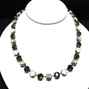 Sabika Style Necklace, Emerald Green Opal Crystals Rhinestones, Silver Tone, 20"